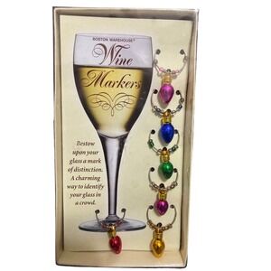 Boston Warehouse Christmas Light Bulb Wine Glass Charms Set of 6 Holiday Markers